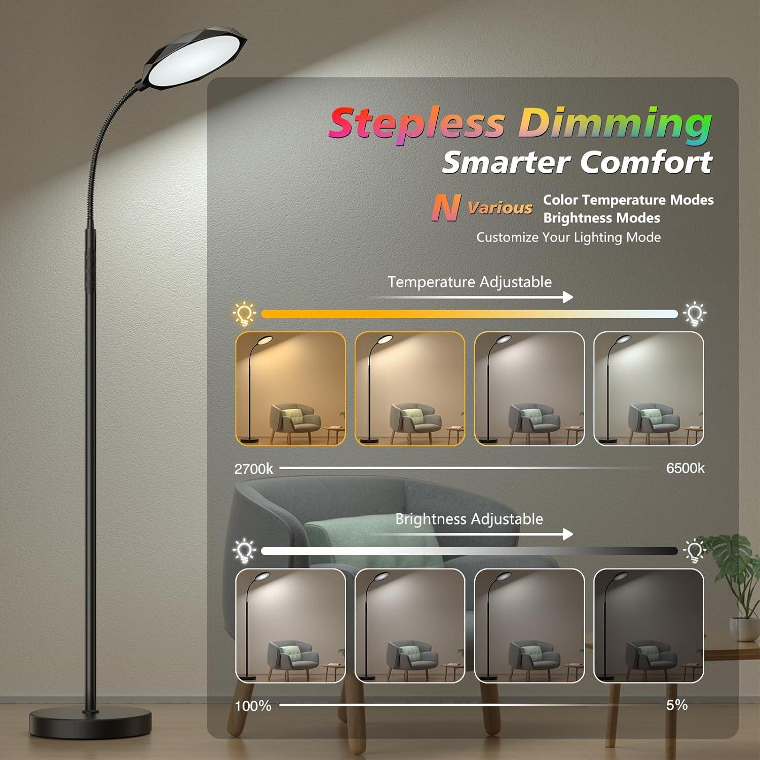 Floor Lamp, 18W Bright LED Floor Lamps for Living Room with Diamond-Surface, Stepless Adjustable Colors & Dimmer Standing Lamp with Timer, Remote & Touch Control, Reading Lights for Bedroom, Office