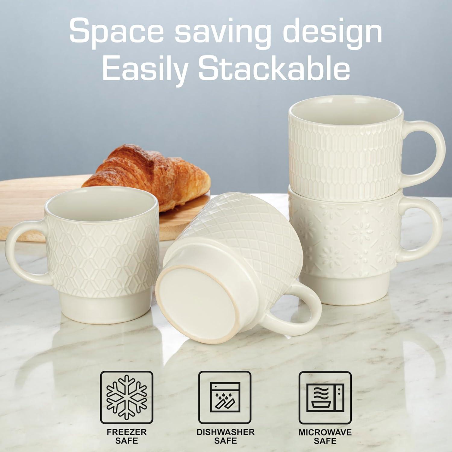 Signature Housewares Stackable Coffee Mug Tower Set with Metal Wire Rack - 15 Ounce Coffee Mugs for Coffee, Tea, Cocoa, Milk, Cappuccino, Hot Chocolate Set of 4 - White Glazed Ceramic