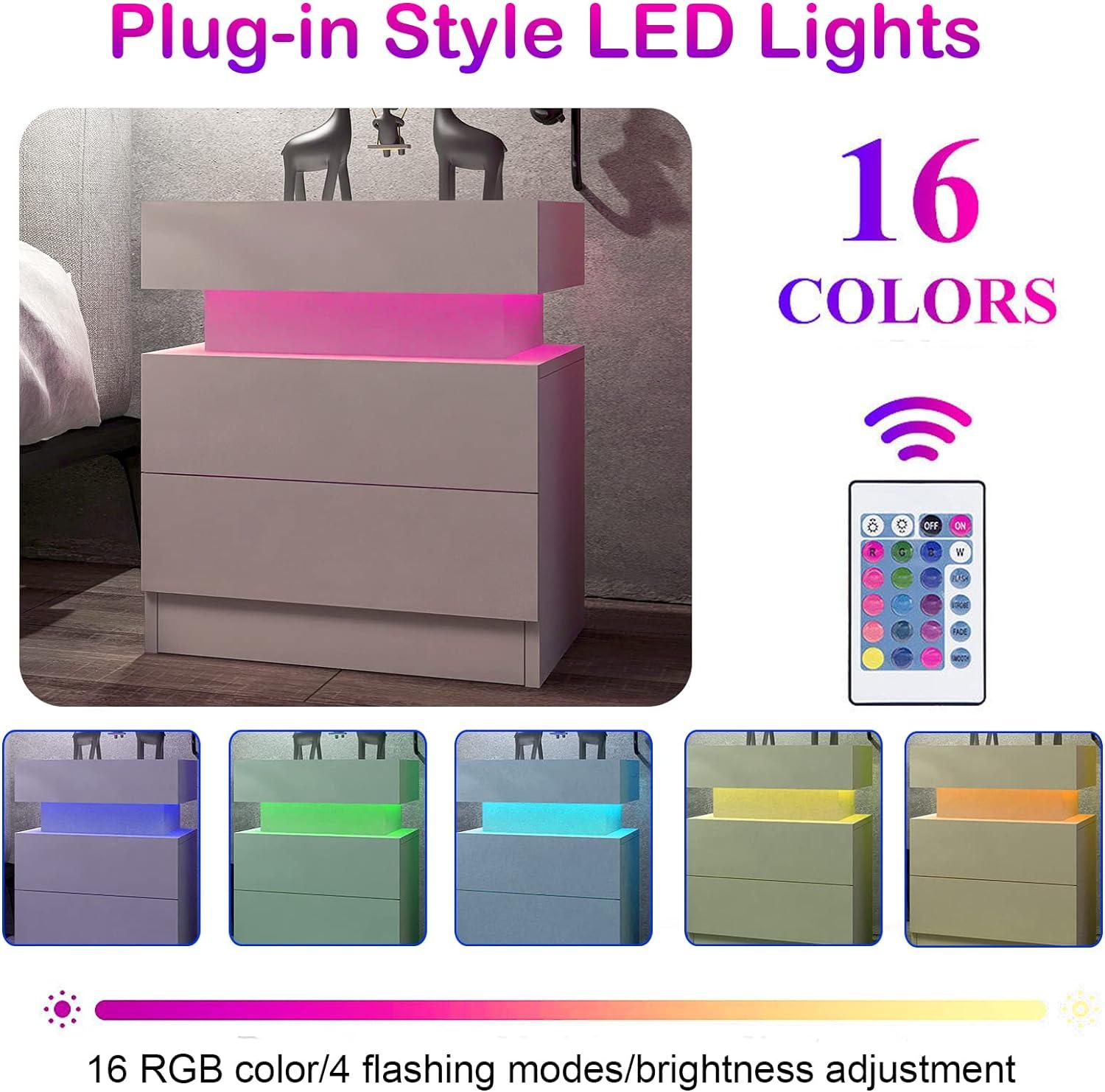 Litake LED Nightstand Modern Nightstand With Led Lights Wood Led Bedside Table Particle Board LED Nightstand With 2 High Gloss Drawers For Bedroom