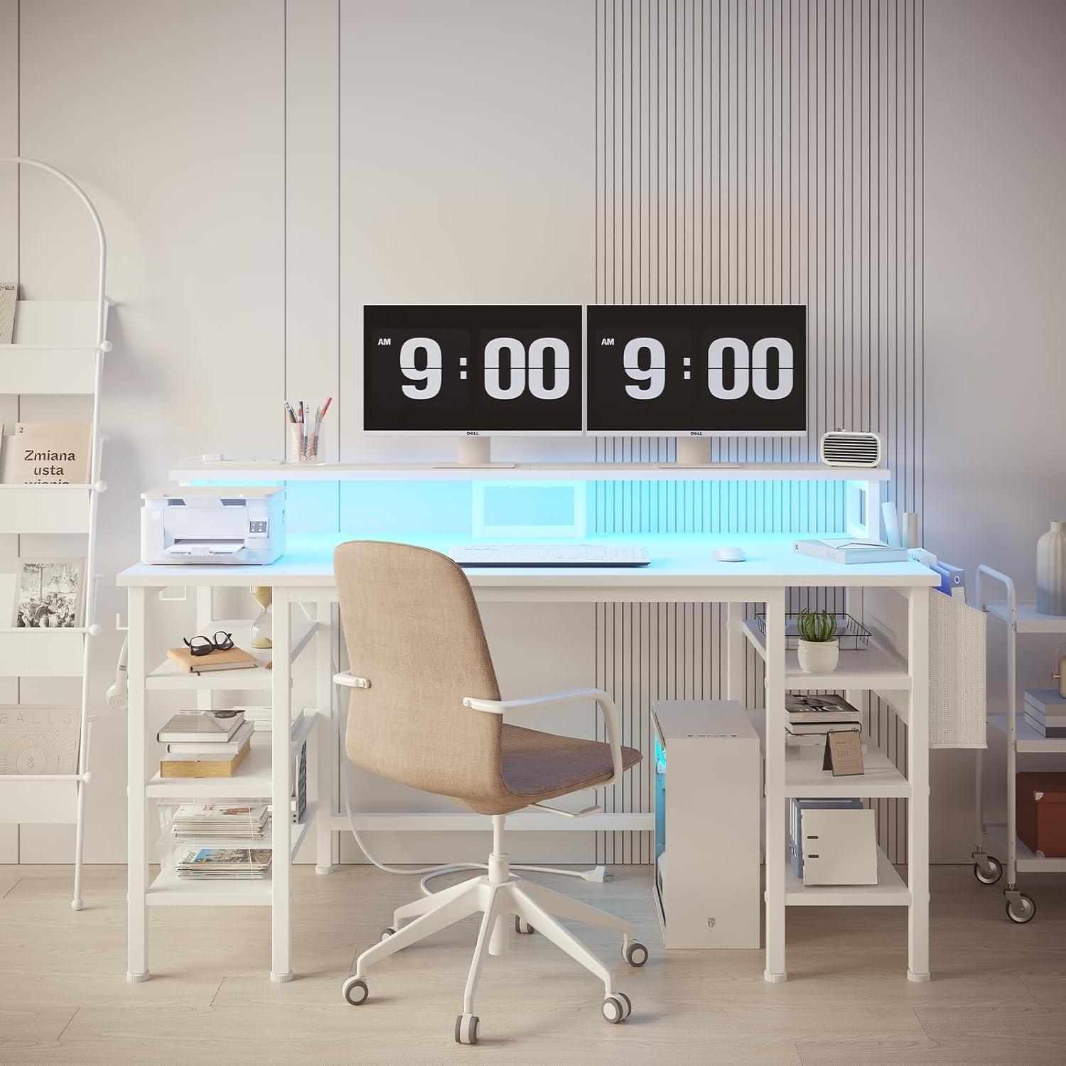 Lufeiya White Desk with Storage Shelves - 47 inch Home Office Gaming Desk with Monitor Stand, Computer Desk with LED Lights and Power Outlets, White