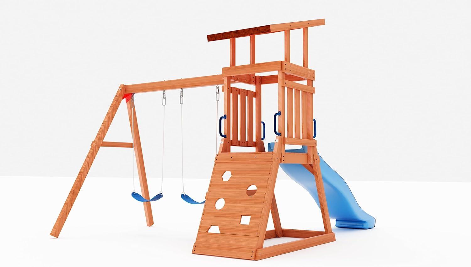 Dolphin Playground Wooden Swing Sets for Backyard, Family DIY Kit for Any Swings, Outdoor Playset for Kids with Trapeze Swing Bar and 2 Belt Swings, Heavy Duty Playground Accessories, Ages 3-10