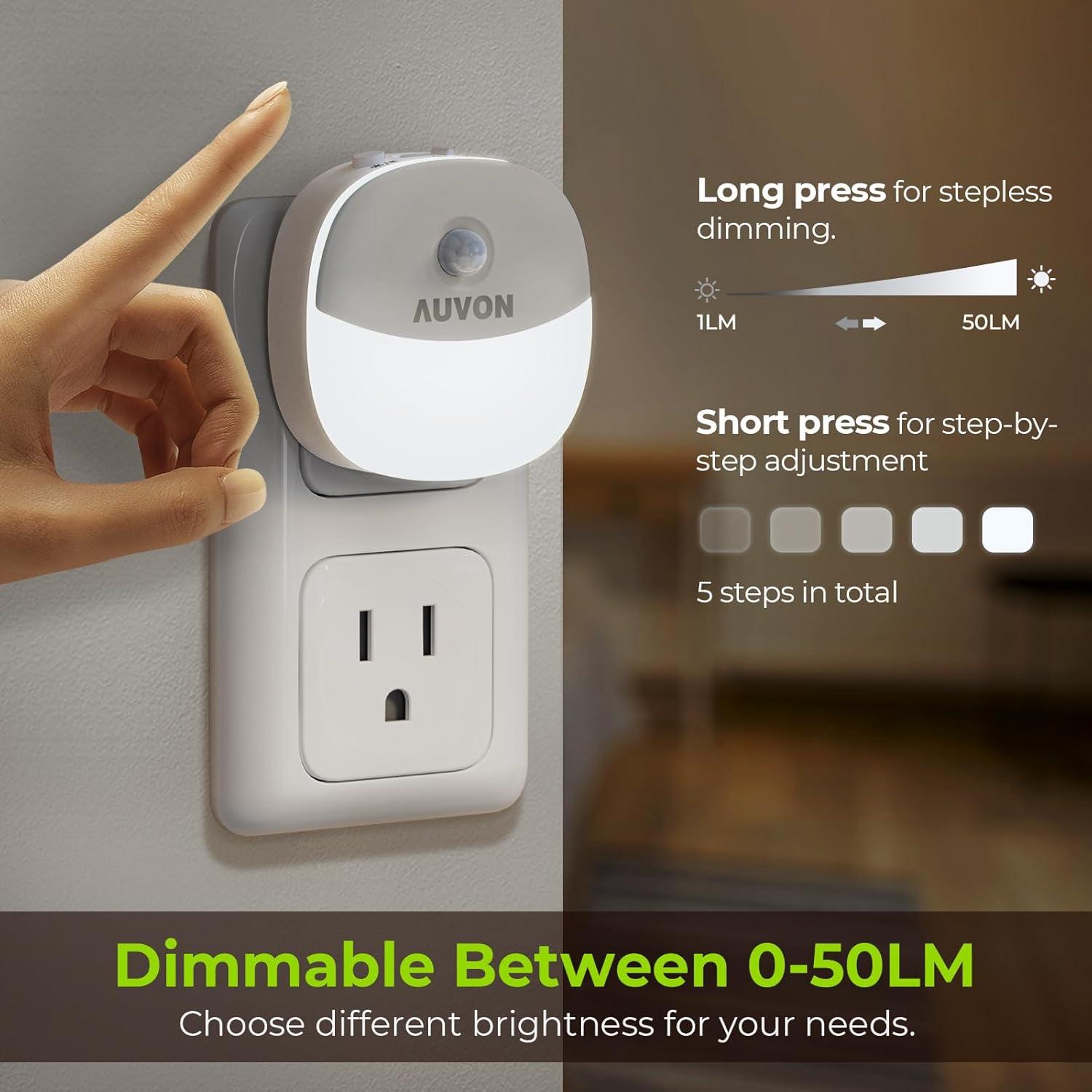 AUVON Plug in Night Light with Motion Sensor and Dusk to Dawn Sensor, Mini Warm White LED Nightlight with 1-50 lm Adjustable Brightness for Bathroom, Hallway, Stairs, Bedroom, Kitchen (4 Pack)