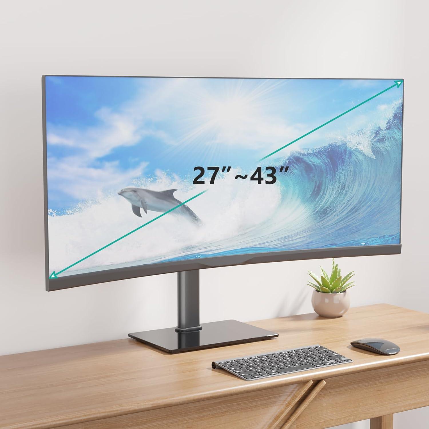 Black Adjustable Single Monitor Stand with Tempered Glass Base