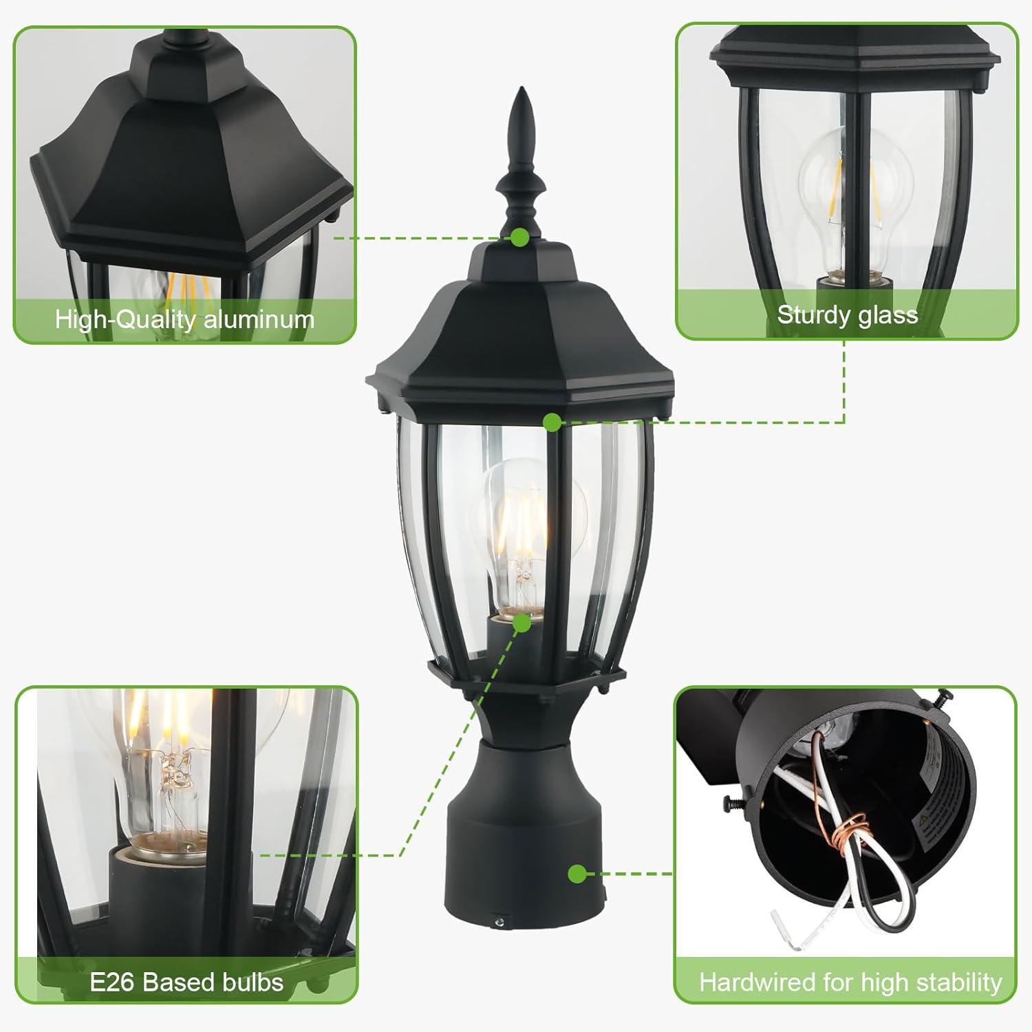 Black Metal Dusk to Dawn Outdoor Post Lights with Clear Glass, 2-Pack