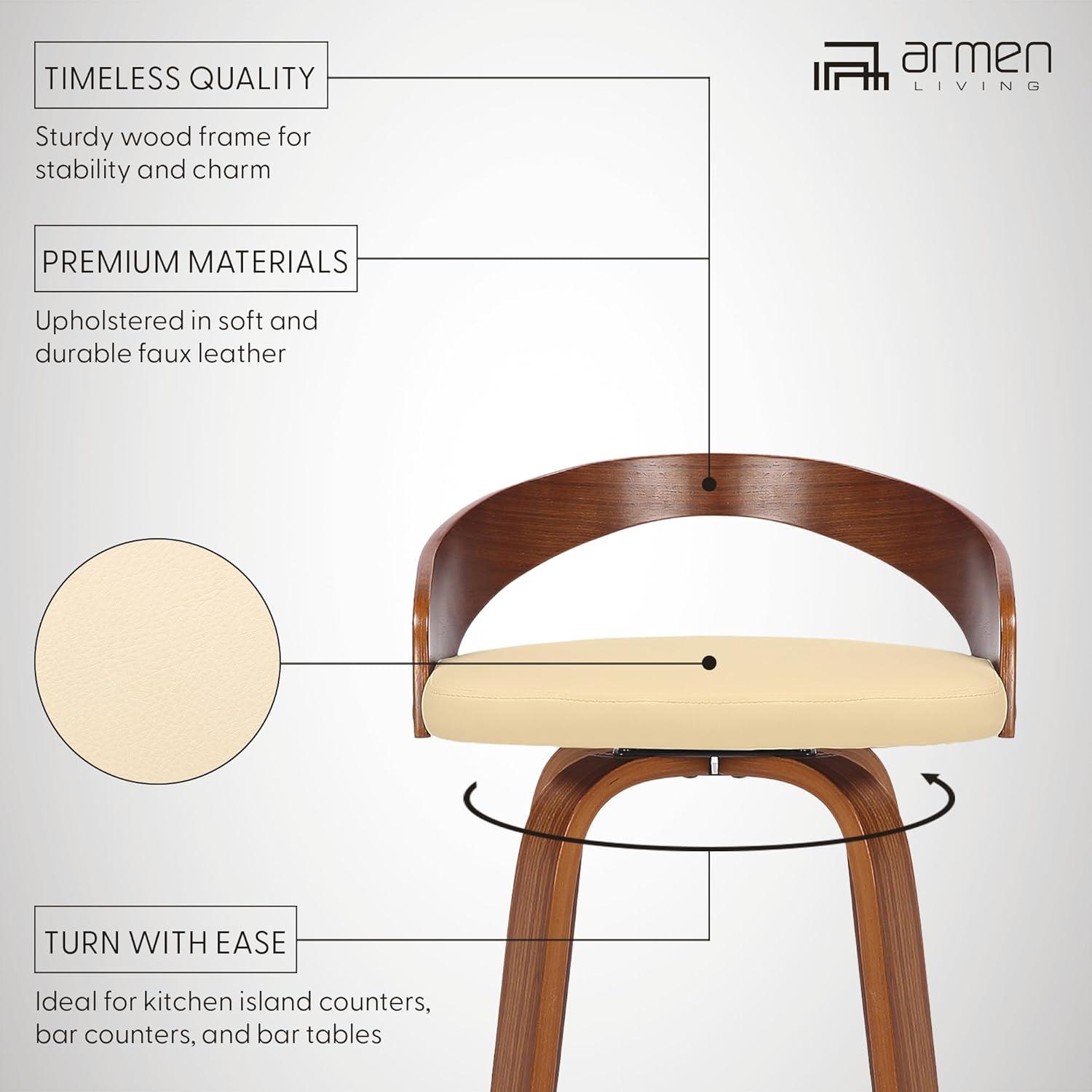 Sonia 26 in.  Counter Height Swivel Cream Faux Leather and Walnut Wood Bar Stool