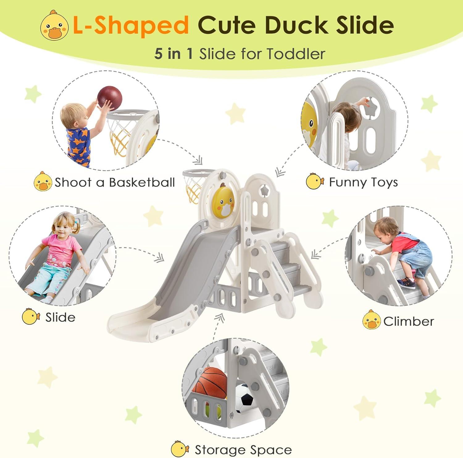 5 in 1 Toddler slide, Kids Slide with Climber Outdoor Indoor Slide Cute Duck Theme Playset