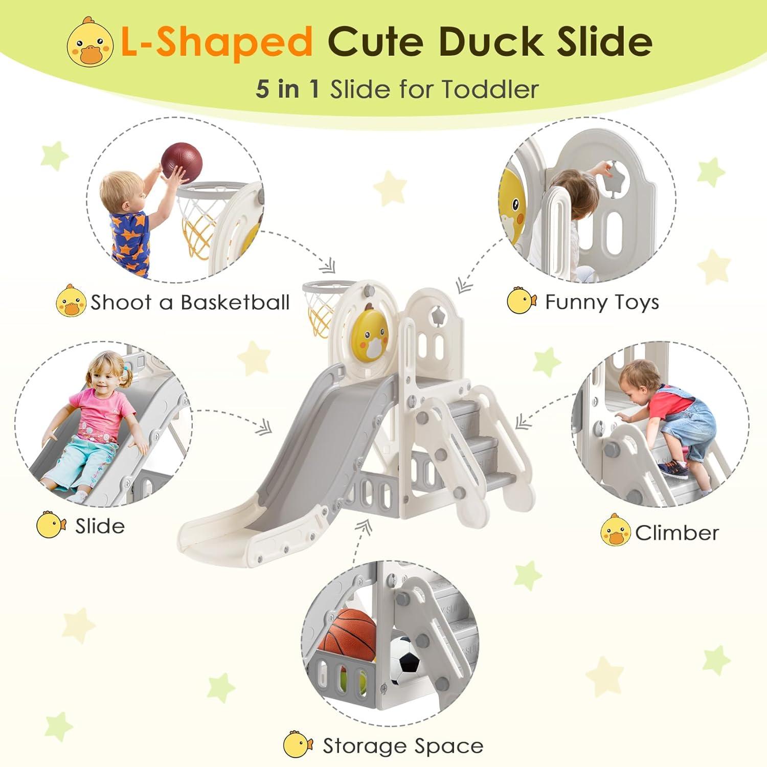 Suteck 5 in 1 Toddler slide, Kids Slide with Climber Outdoor Indoor Slide Cute Duck Theme Playset