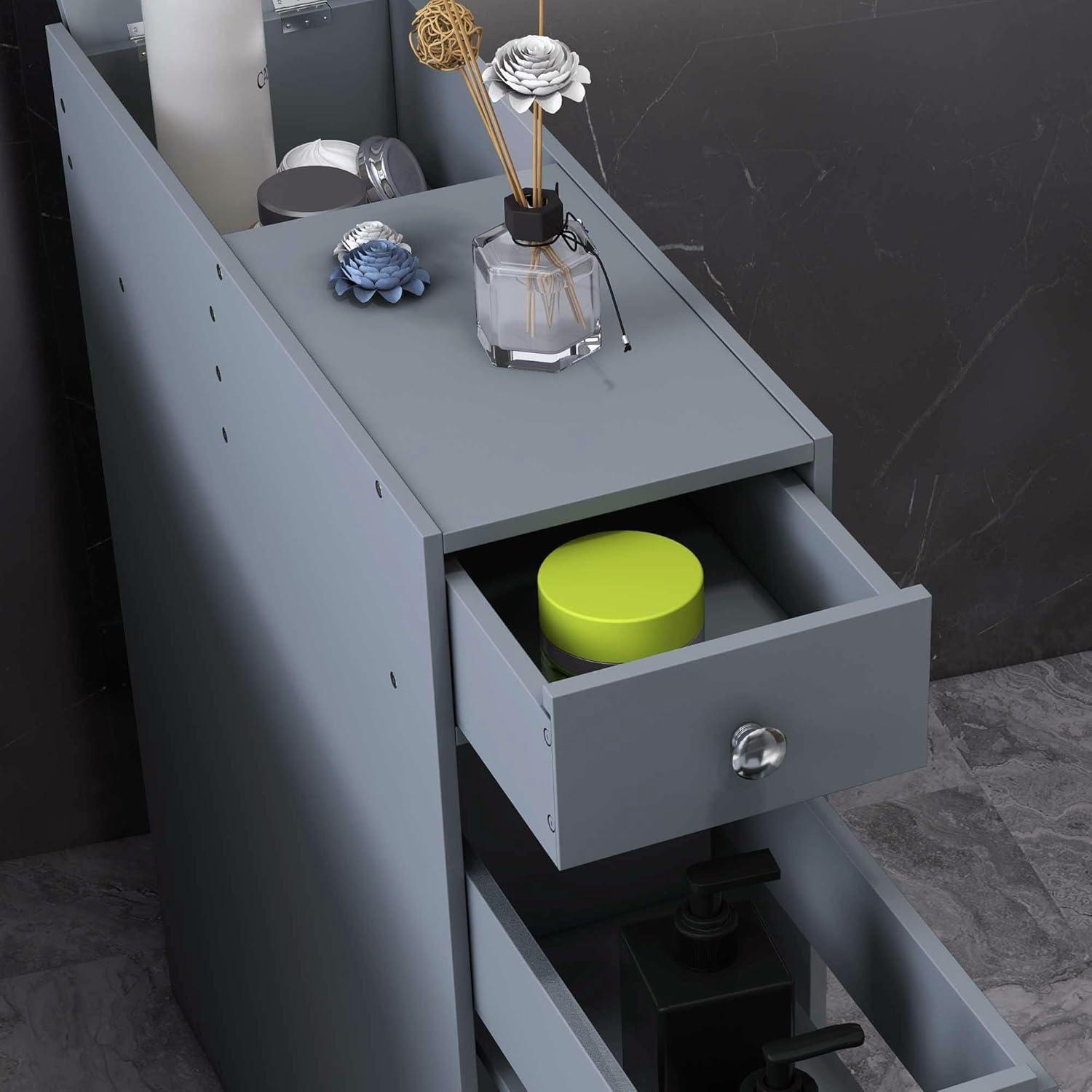 Space Saving Gray Bathroom Floor Organizer Cabinet with Drawers & Toilet Paper Holder Freestanding 4-Tier Storage Solution