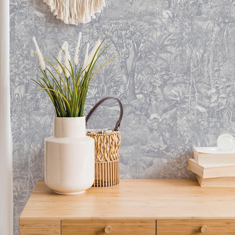 Tempaper Jungle Toile Blue Peel and Stick Wallpaper, 20.5" x 16.5'