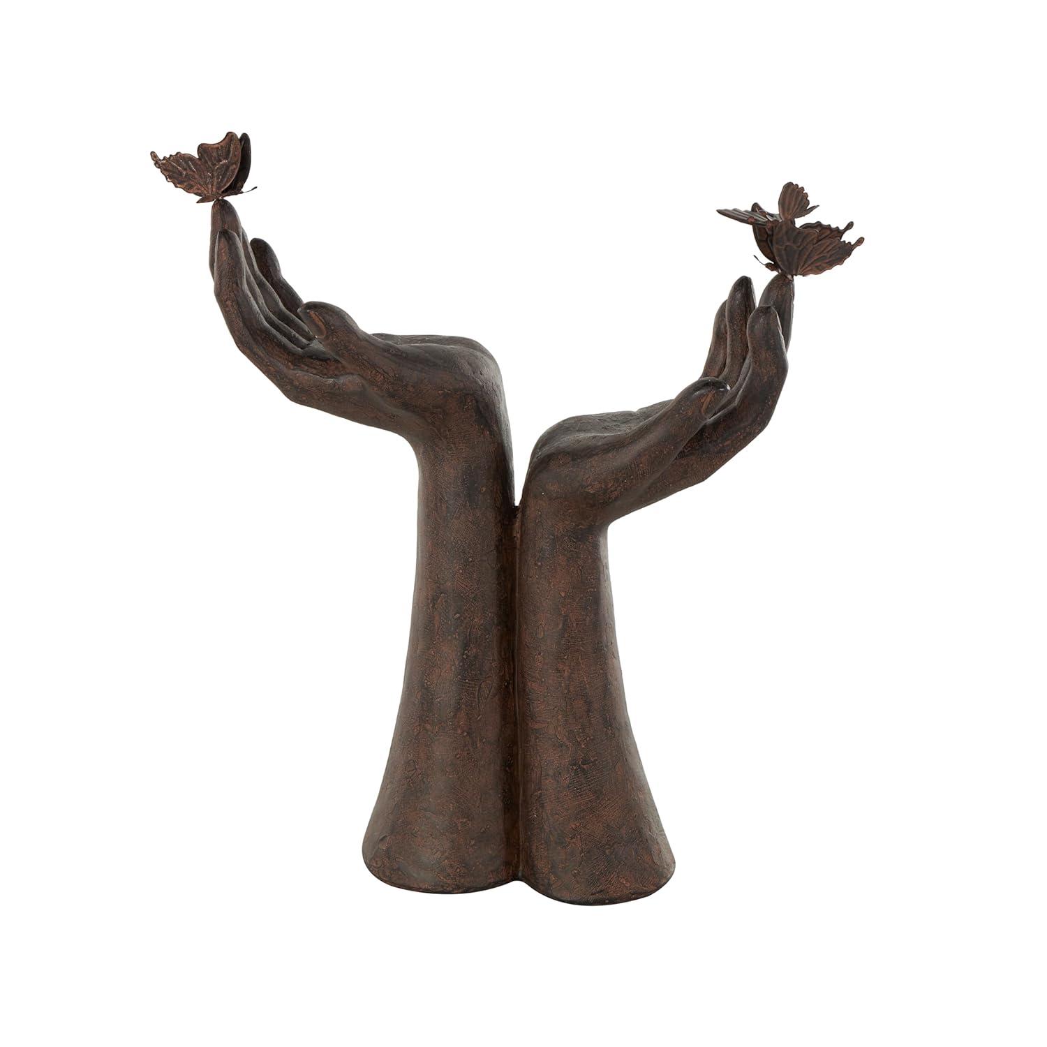 Deco 79 Polystone Hands Decorative Sculpture Raised Home Decor Statue with Butterfly Accents, Accent Figurine 13" x 5" x 14", Dark Brown