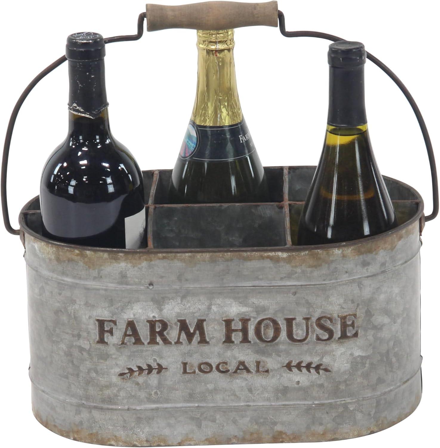 Gray Galvanized Metal Farmhouse 6-Bottle Wine Holder with Handle