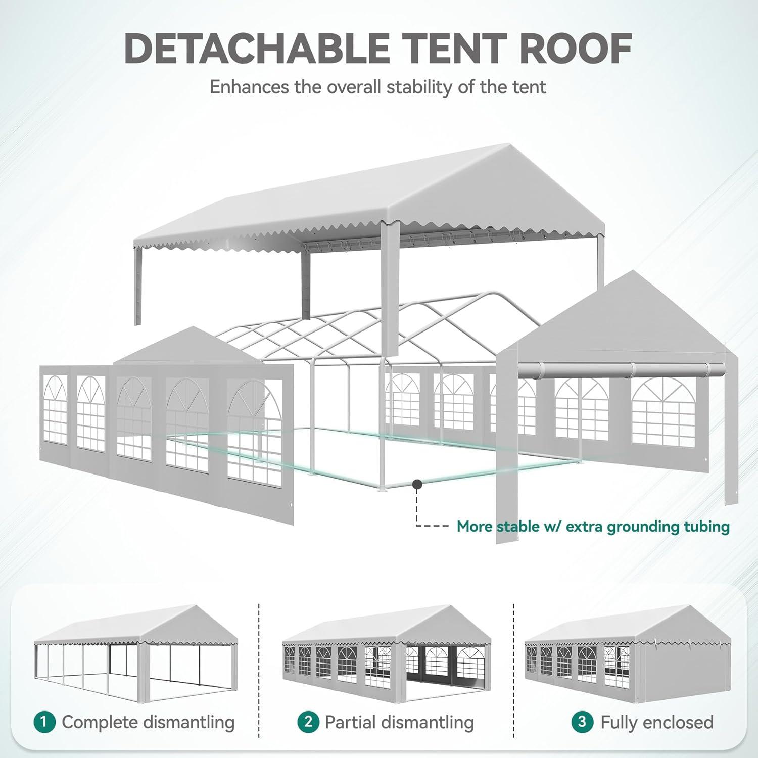 Dextrus 16x32FT Party Tent Heavy Duty PVC Wedding Event Shelters White Upgraded Galvanized Ripple Canopy with Large Roof Removable Sidewalls & 3 Storage Bags 600D Oxford Commercial