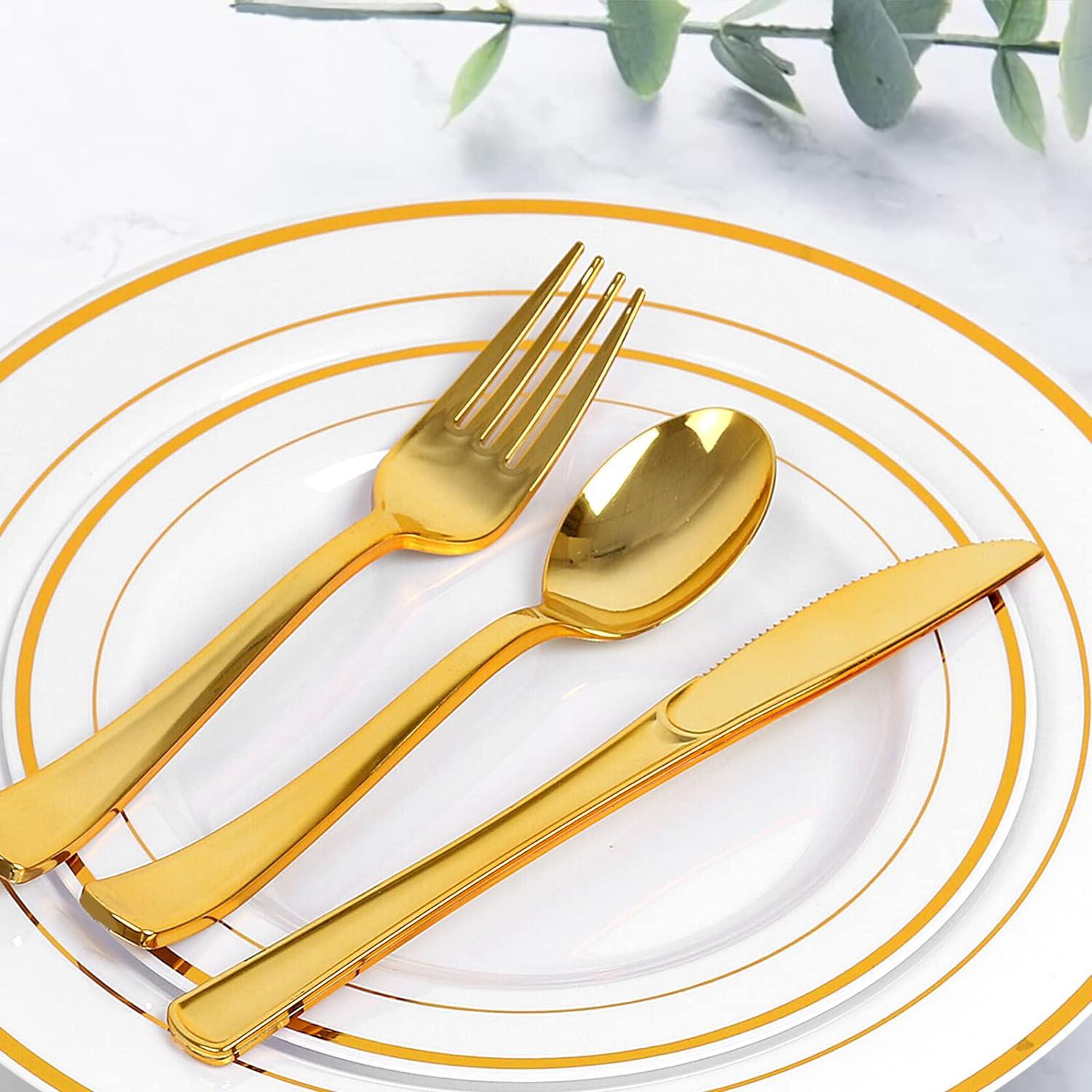 FOCUSLINE 350 Piece Gold Rim Dinnerware Set, Disposable Plastic Plates for Party or Wedding-100 Plastic Plates-50 Plastic Silverware-50 Plastic Cups-50 Linen Feel Napkins(50 Guest)