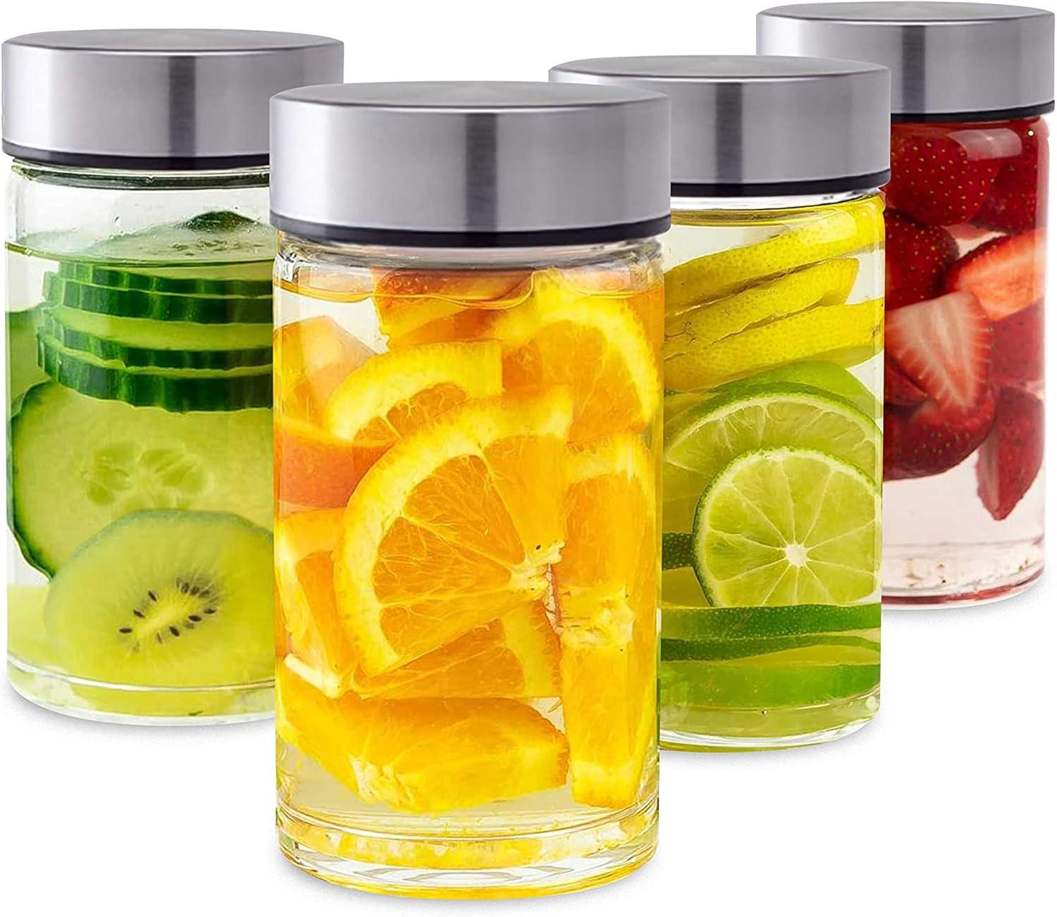shuoli 4 Pack Wide Mouth Glass Bottles With Lids For Juicing, Smoothies, Infused Water, Beverage Storage - 10Oz, BPA Free, Stainless Steel Lids, Leakproof, Reusable, Borosilicate