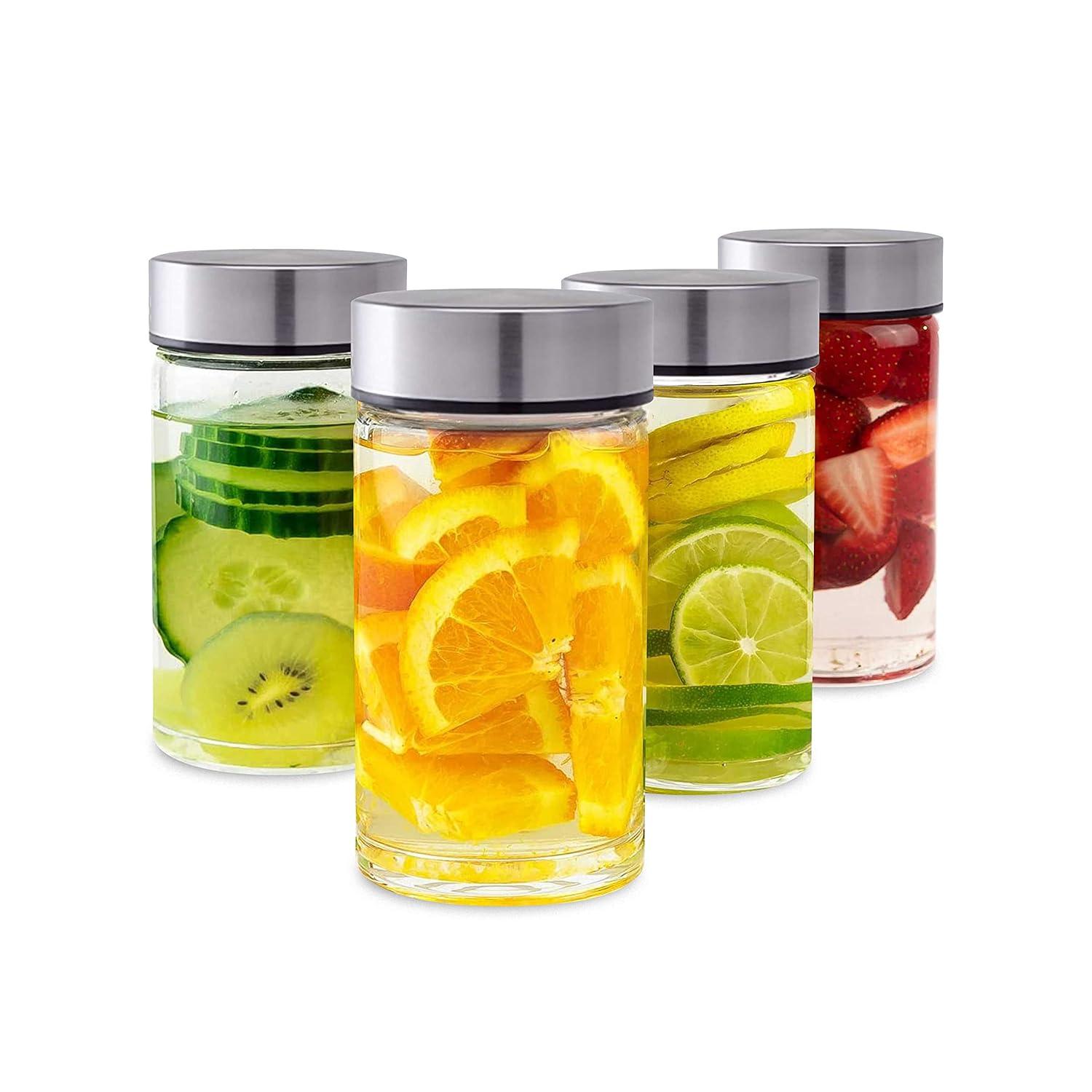 shuoli 4 Pack Wide Mouth Glass Bottles With Lids For Juicing, Smoothies, Infused Water, Beverage Storage - 10Oz, BPA Free, Stainless Steel Lids, Leakproof, Reusable, Borosilicate