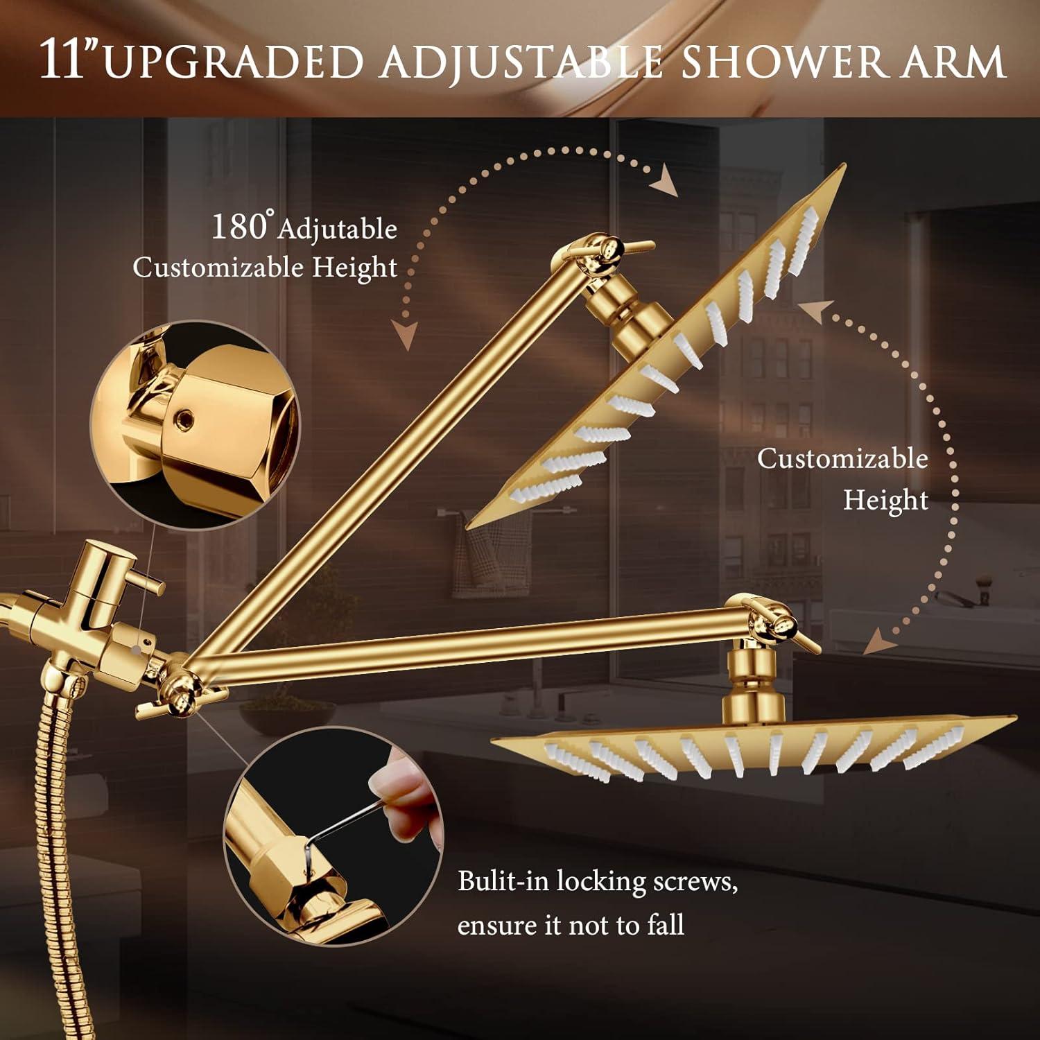 Shower Head, 10" High Pressure Rain shower head with Handheld Spray Combo, 6 Settings Handheld with 78" Anti-leak Hose, 11" Adjustable Extension Arm, Ultra Thin Water Saving, Gold, AWAXFOLO