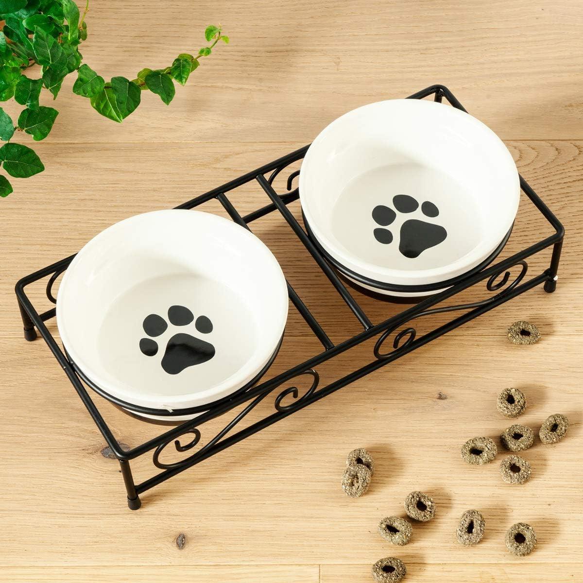 Navaris Ceramic Pet Bowl Set - Food Water Bowls for Cats, Small Dogs and Puppies with Non-Slip Retro Metal Stand - Set of Bowls, 10.8 oz Each