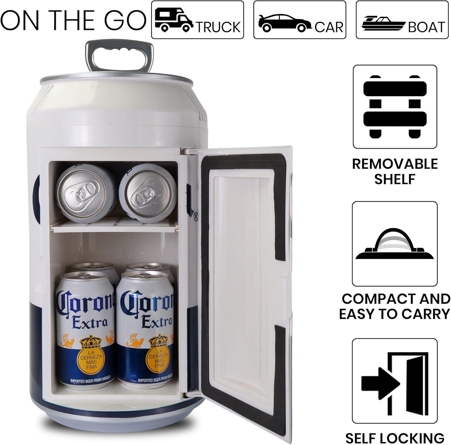 Corona 8 Can Portable Mini Fridge w/ 12V DC and 110V AC Cords, 5.4L (5.7 qt) Beer Can Shaped Personal Cooler, White, Travel Fridge for Beer, Snacks, Lunch, Drinks, Home, Office, Bar, Dorm, RV