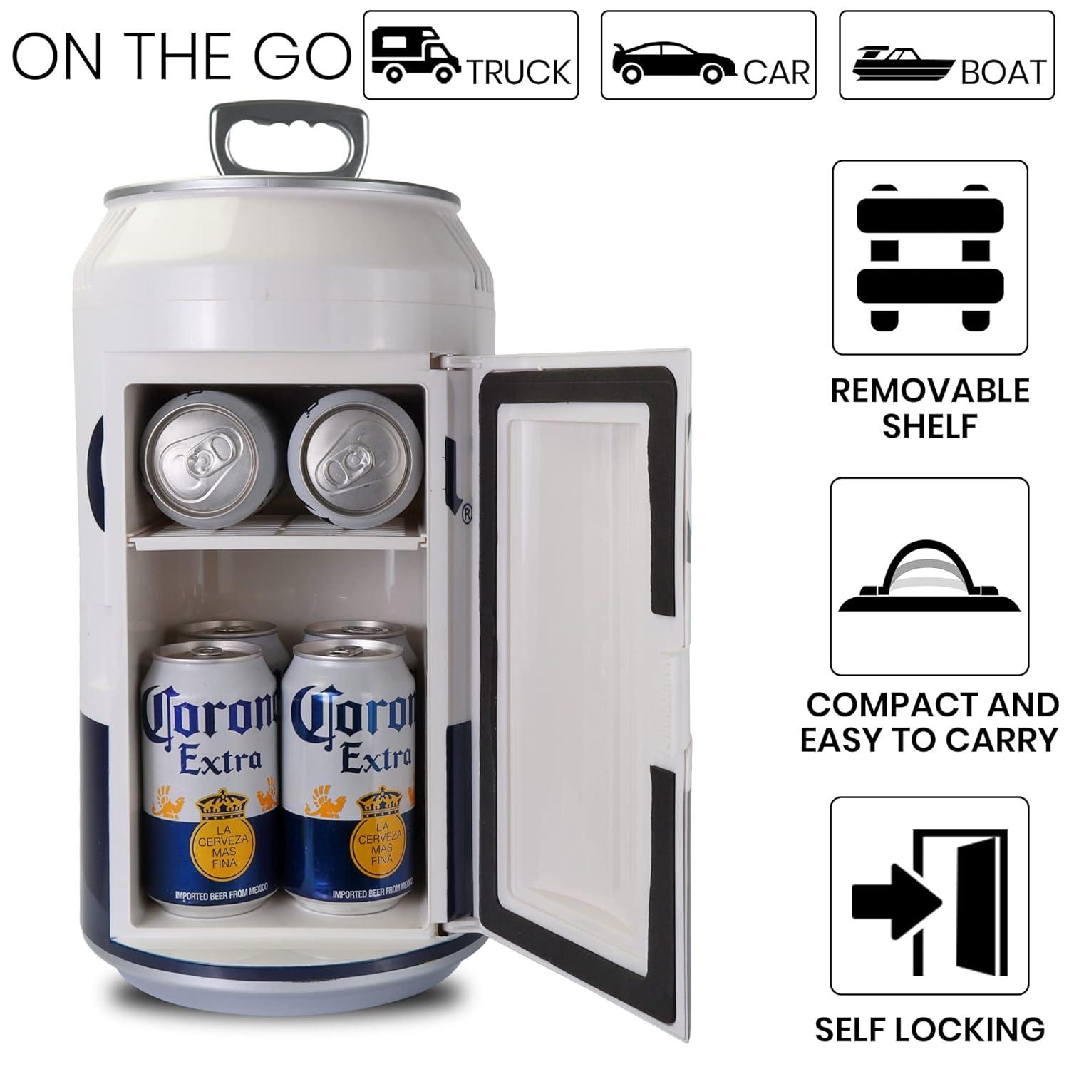 Corona 8 Can Portable Mini Fridge w/ 12V DC and 110V AC Cords, 5.4L (5.7 qt) Beer Can Shaped Personal Cooler, White, Travel Fridge for Beer, Snacks, Lunch, Drinks, Home, Office, Bar, Dorm, RV