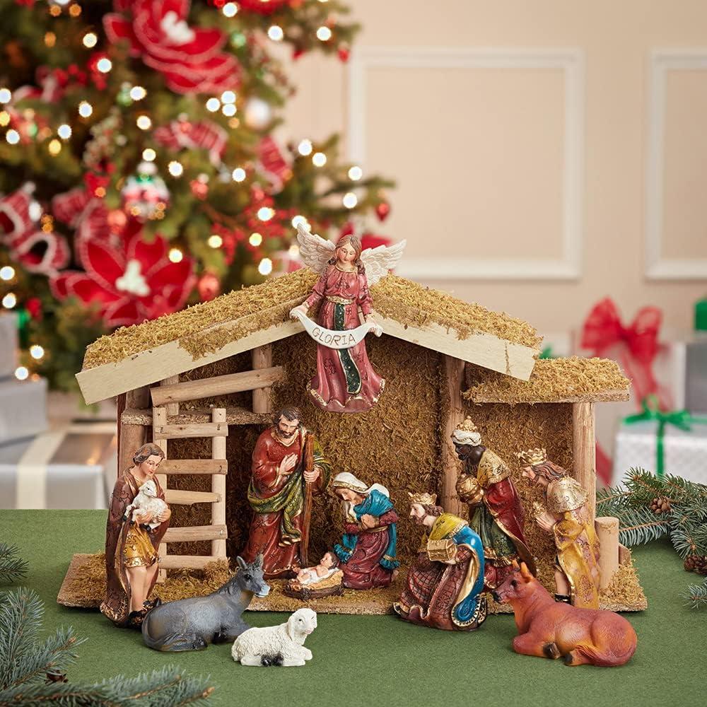 Kurt Adler 12-Piece Nativity Set with Wooden Stable