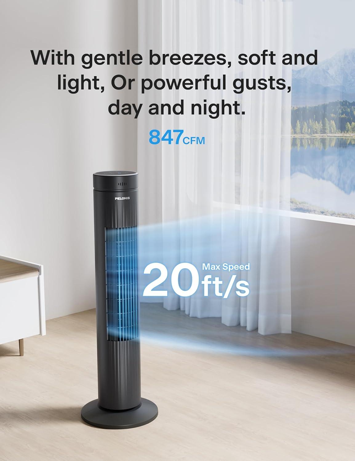 Pelonis 30-Inch Oscillating Tower Fan for Bedroom – 3 Speed, 37dB Quiet Tower Fan with Remote Control and 7-Hour Timer – ETL Certified, Black