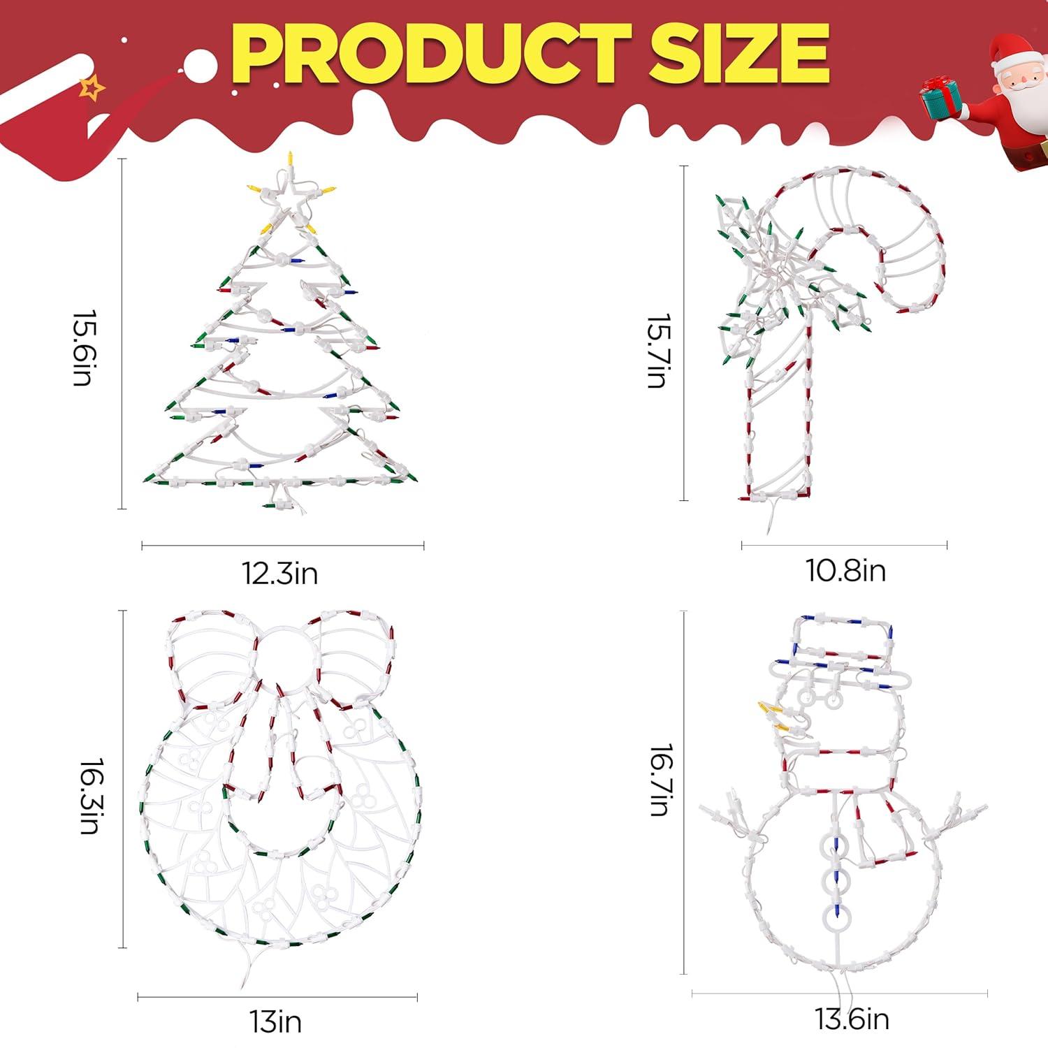 16 Inch Christmas Window Silhouette Lights Decorations, 4 Pack Waterproof Window Hanging Lights Elk, Christmas Tree, Santa Claus, Wreaths for Party, Home Indoor Outdoor Wall - 200 Mini Bulbs