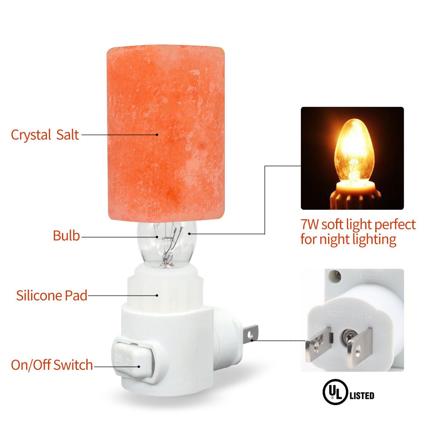 Betus Natural Crystal Himalayan Salt Wall Lamp - Air Purifying Night Light - 360° Rotatable Plug 7W Bulb - Cylindrical
