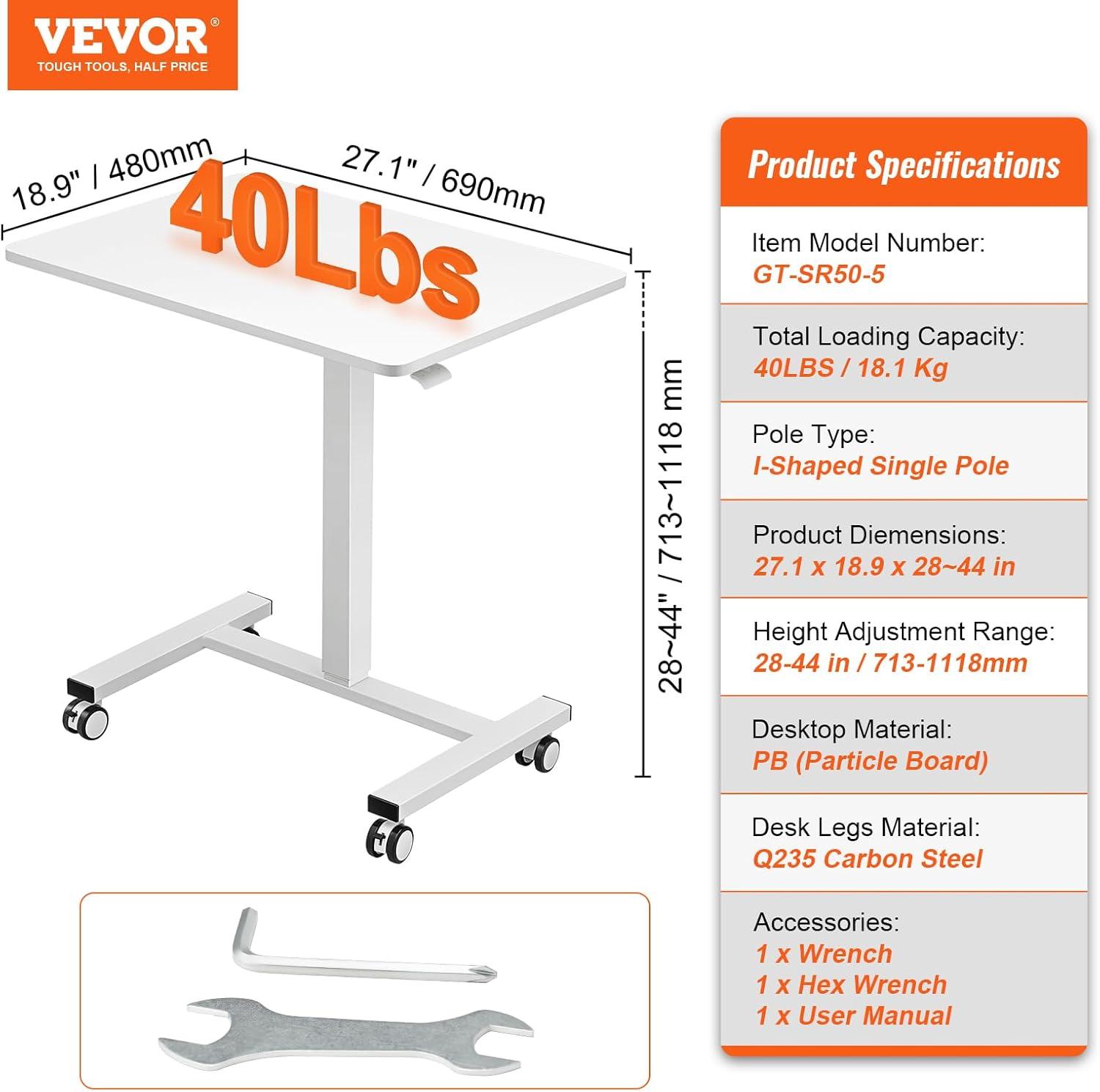 VEVOR Mobile Standing Desk Gas-Spring Height Adjustable Sit-Stand Desk 360° Swivel Wheels(2 Lockable) 28"-44"H