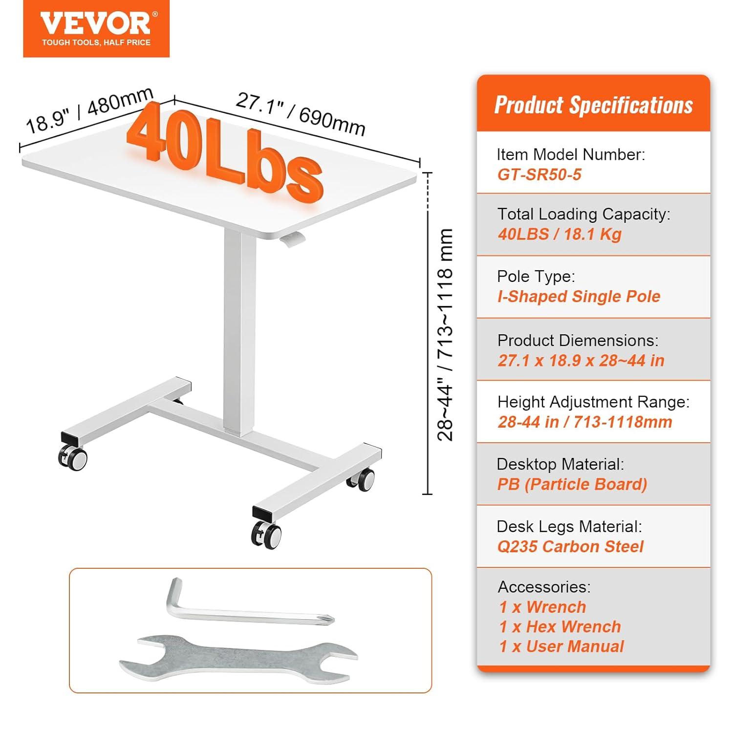 VEVOR Mobile Standing Desk Gas-Spring Height Adjustable Sit-Stand Desk 360° Swivel Wheels(2 Lockable) 28"-44"H