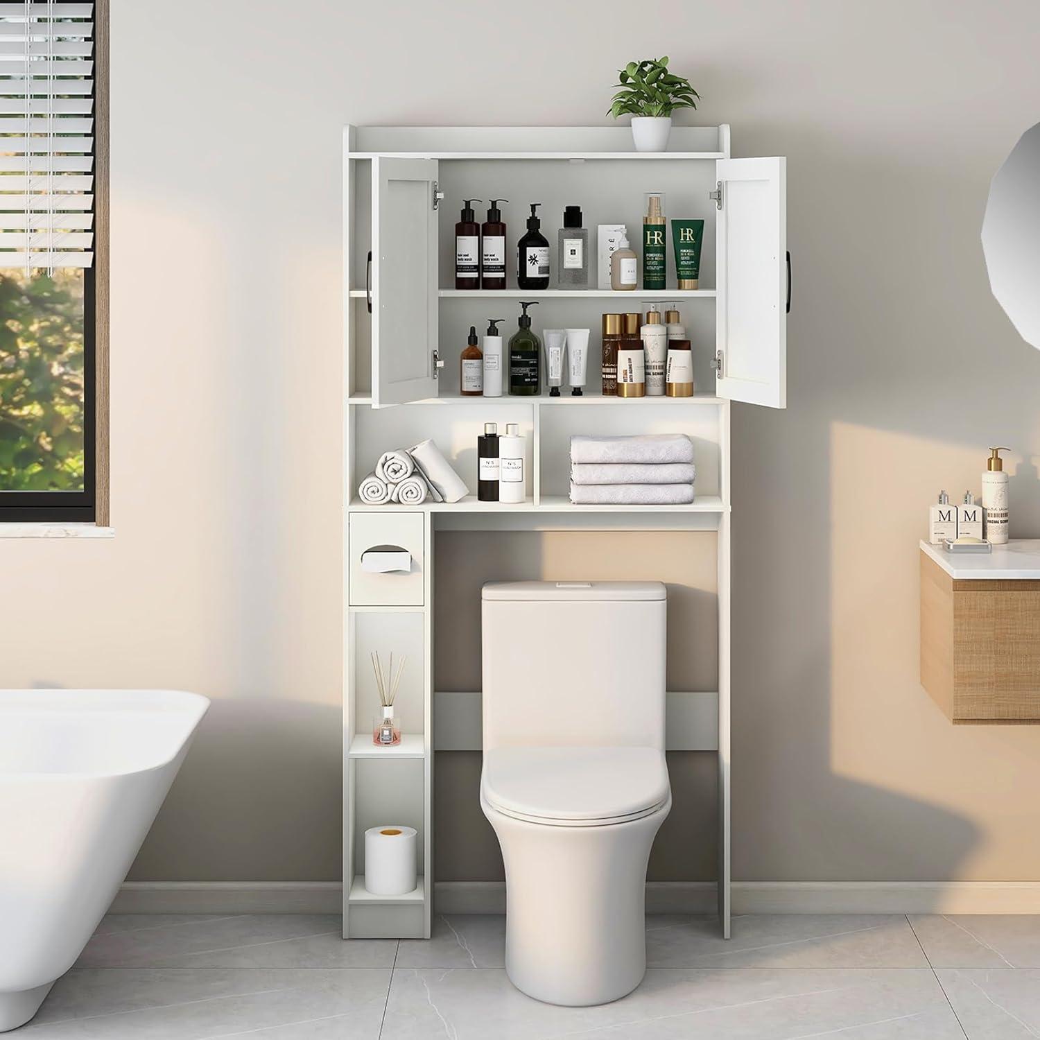 White Farmhouse Over-The-Toilet Storage Cabinet with Barn Doors