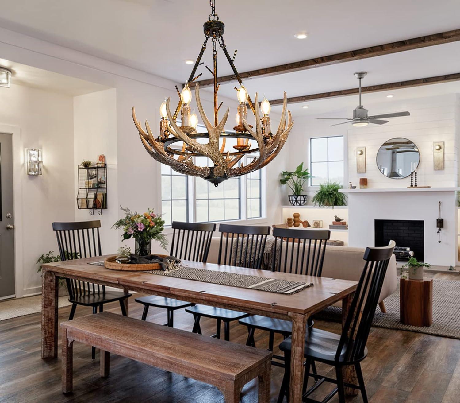 Rustic Brown Resin Antler and Metal Wagon Wheel Chandelier