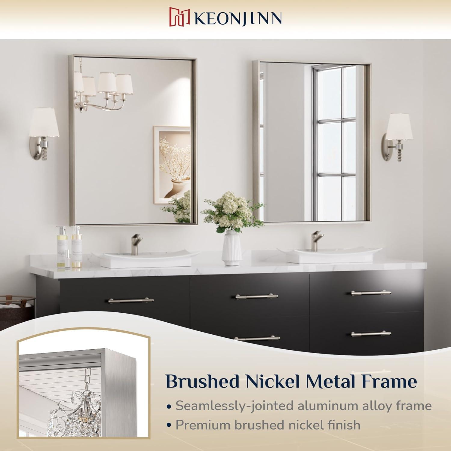 Keonjinn 24 x 32 in Brushed Nickel Bathroom Mirror for Wall, Silver Rectangular Metal Framed Vanity Mirror for Bathroom Sink Square Corner Aluminum Alloy Modern Rectangle Mirror(Horizontal/Vertical)
