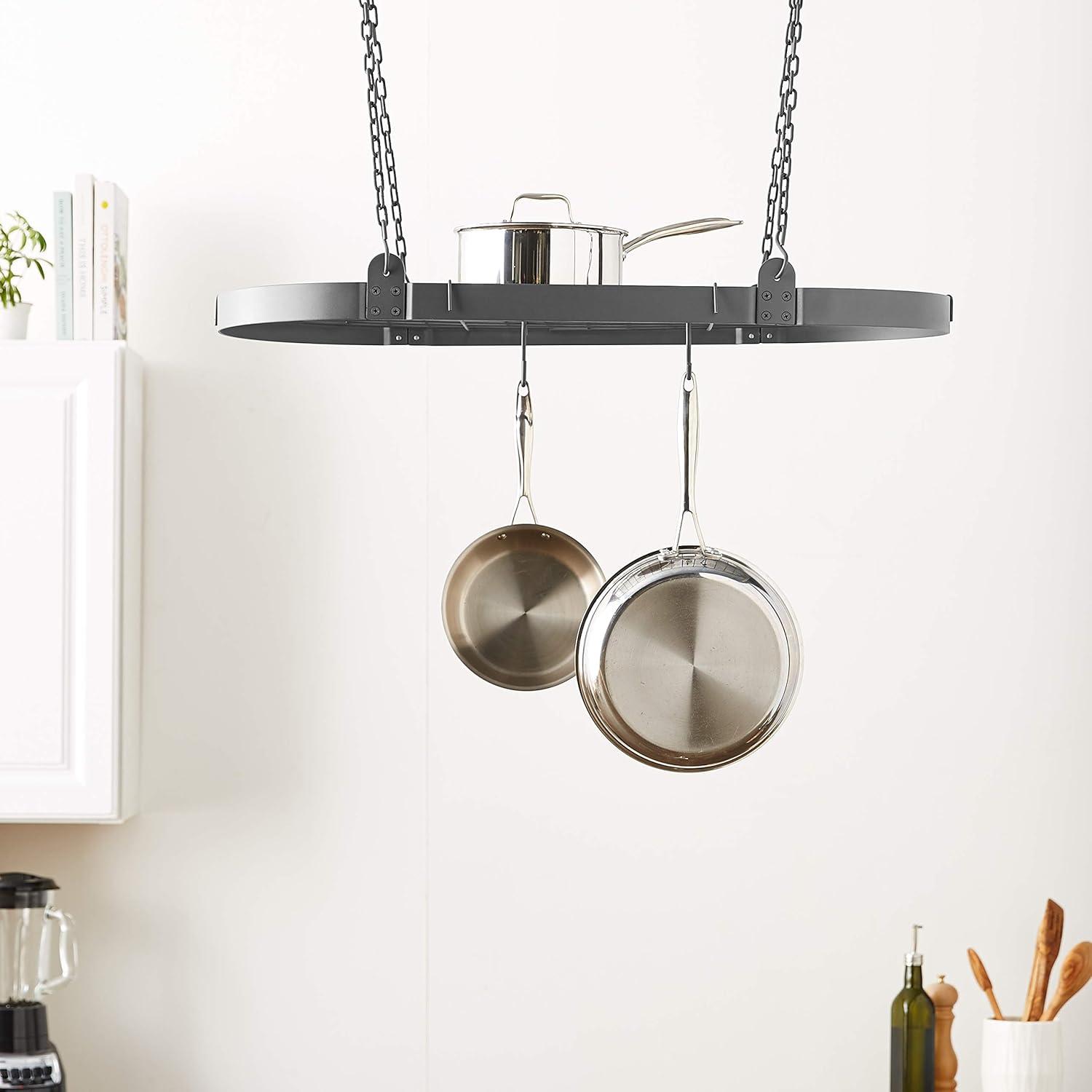 Graphite Oval Hanging Pot Rack with Grid and 12 Hooks