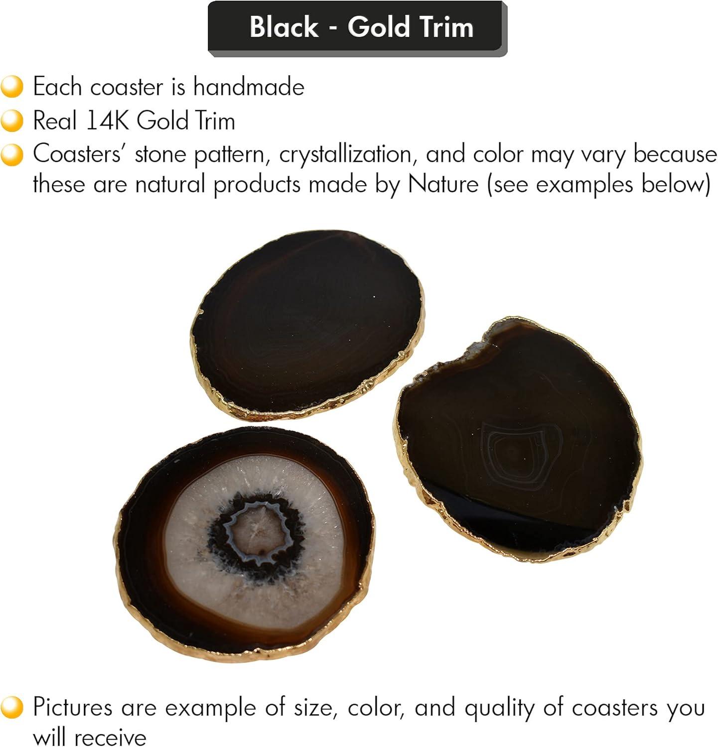 Black and Gold Rimmed Round Agate Stone Coasters Set