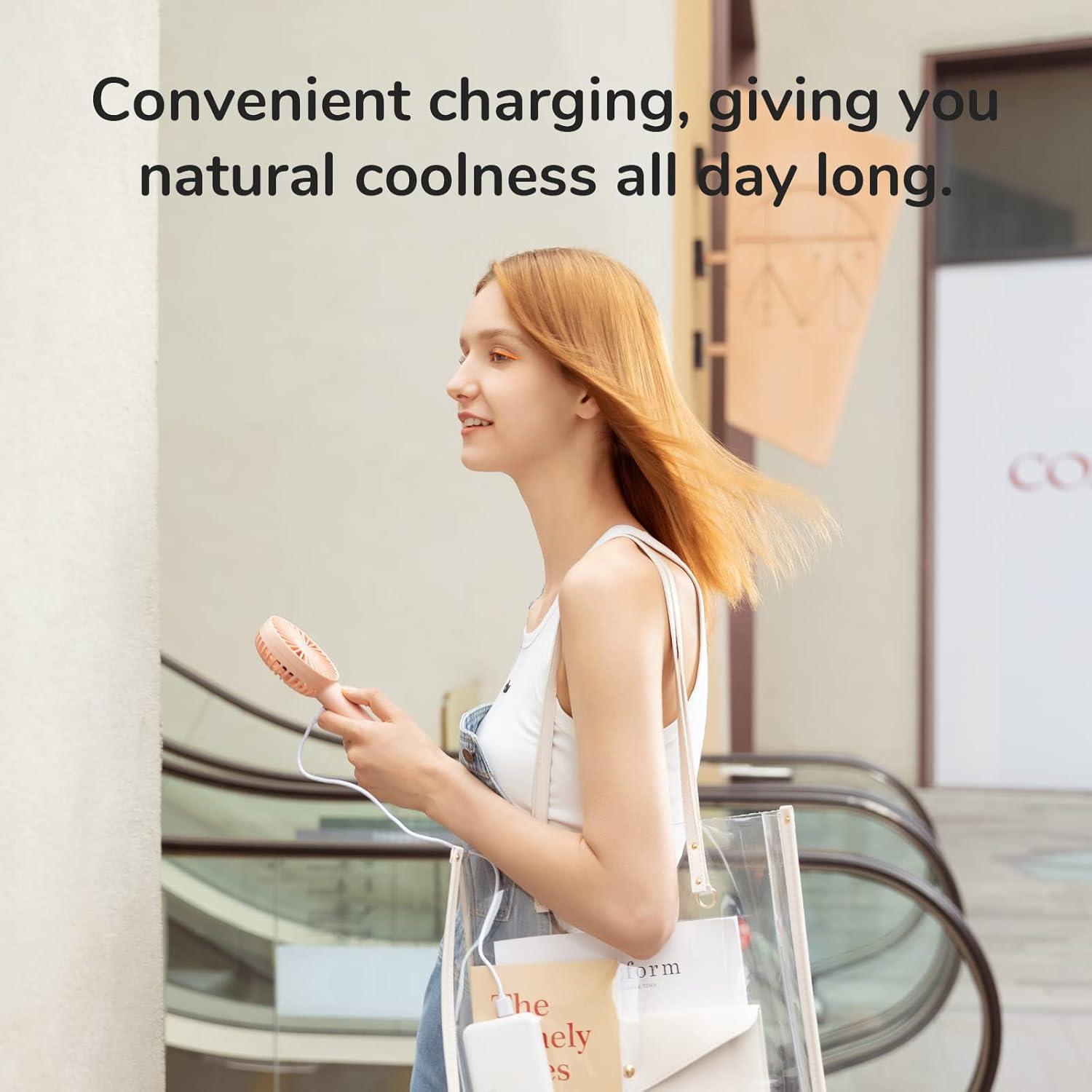 JISULIFE Handheld Fan, Portrable Mini Fan with 3 Speed, USB Rechargeable Personal Fan Battery Operated for Outdoor, Office, Travel -Pink