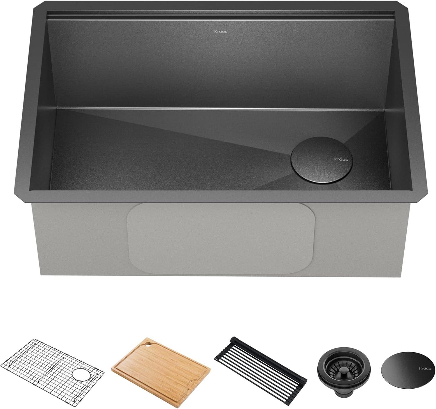 27-inch Black Stainless Steel Farmhouse Sink with Drainboard