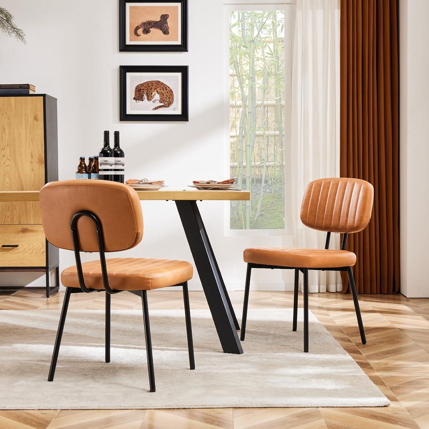 Mid-Century Modern Brown Faux Leather Upholstered Dining Chairs with Metal Legs, Set of 2