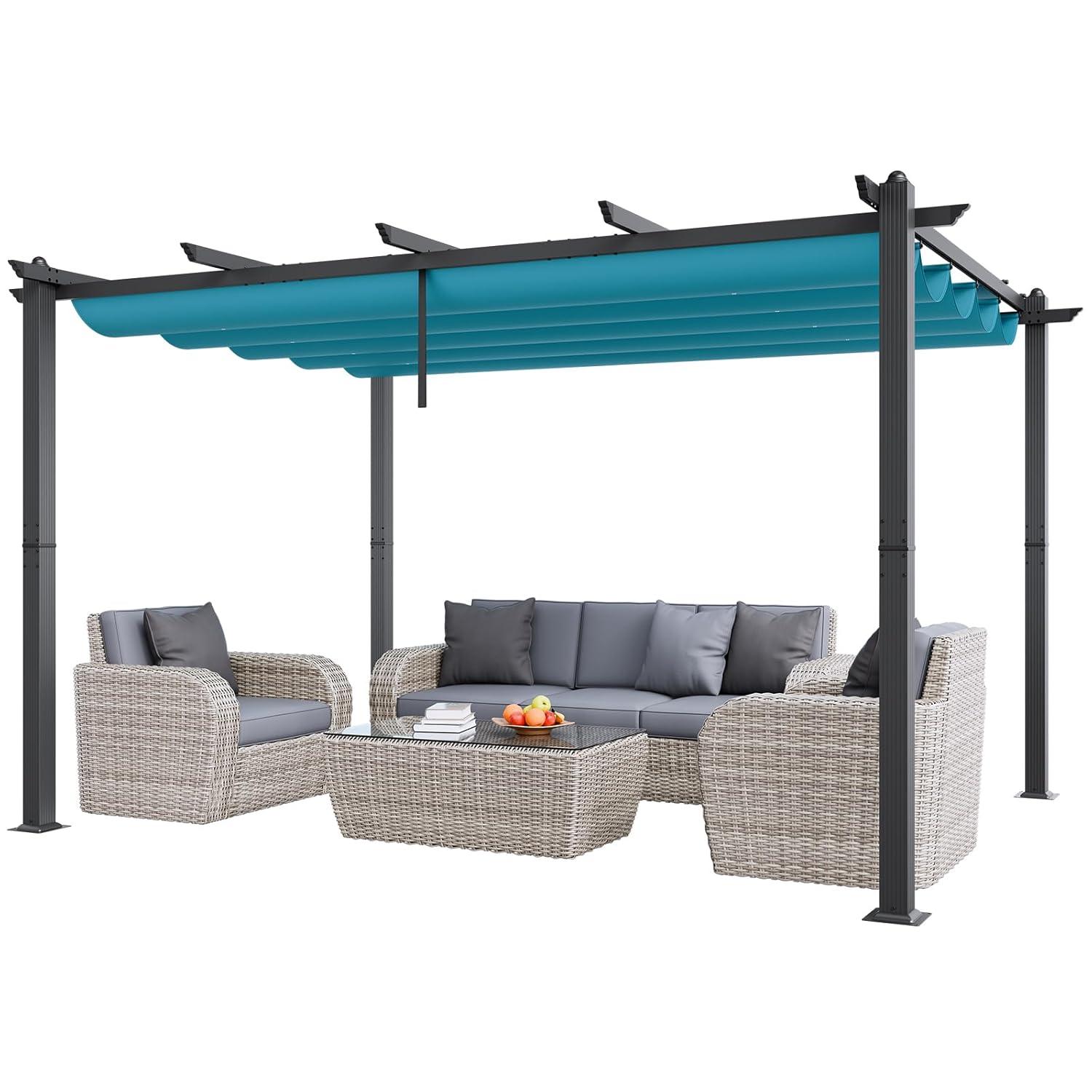 VEVOR 10'x13' Outdoor Retractable Pergola with Canopy, Aluminum Pergola with Retractable Canopy, Modern Pergola with Sun Shade Canopy, Bule