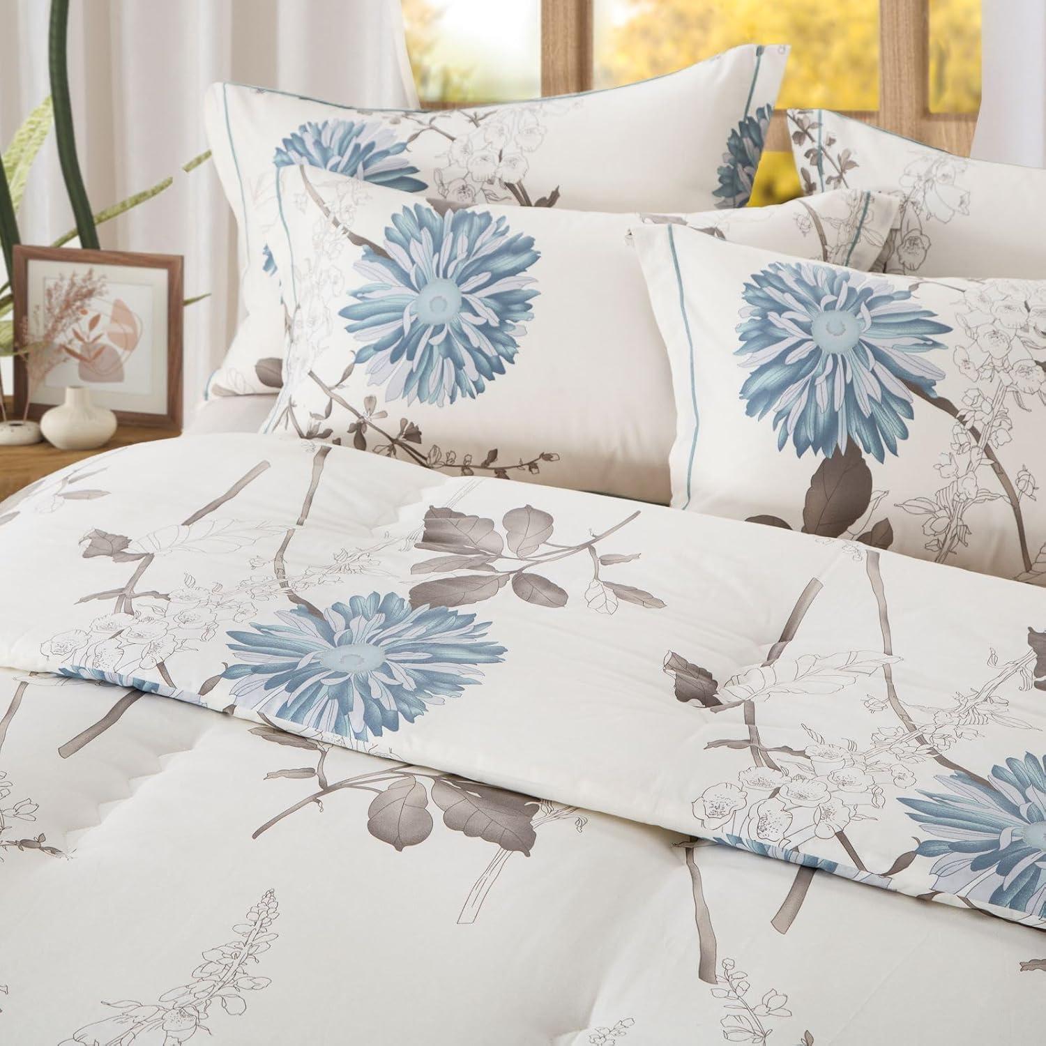 Queen White and Green Floral Reversible Microfiber Comforter Set