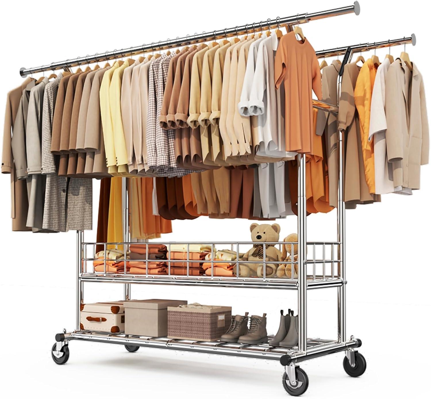 HOKEEPER Heavy Duty Clothing Clothes Rack for Hanging Clothes Adjustable Rolling Garment Rack with Wheels for Bedroom, Living Room (Double Rod with Metal Basket)