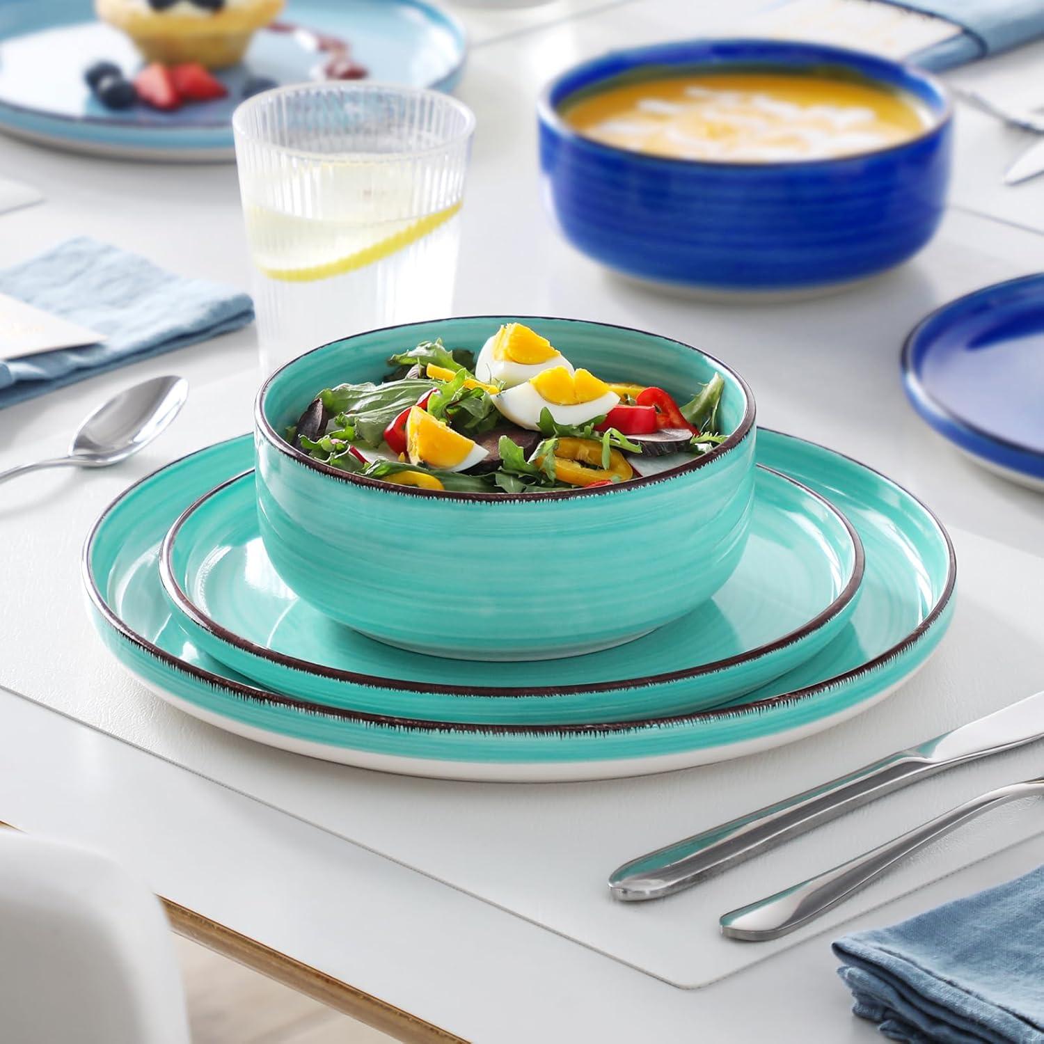 Bonita Blue Dinnerware Sets, Plates and Bowls Set for 4, 12 Pieces Stoneware Dinnerware Set, Dishwasher and Microwave Safe