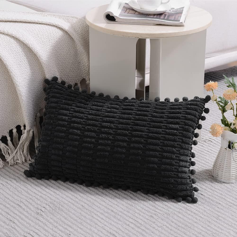 Fancy Homi 2 Packs Dusty Blue Decorative Throw Pillow Covers 12x20 Inch with Pom-poms for Couch Bed Living Room, Farmhouse Boho Home Decor, Soft Corduroy Cute Lumbar Cushion Case 30x50 cm