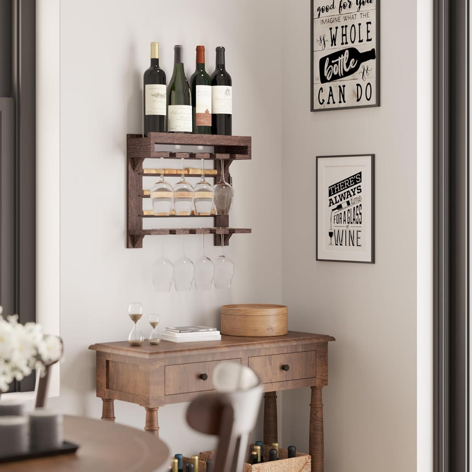 Rustic Dark Wood Wall-Mounted Wine Rack with Stemware Holder