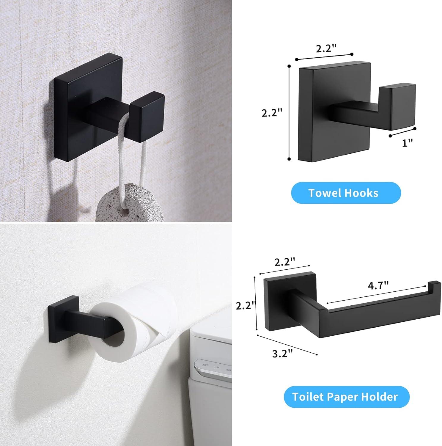 Matte Black Bathroom Hardware Set,5-Piece Towel Racks for Bathroom 23.6" Wall Mount Bathroom Accessories Include Towel Bar,Towel Rack Ring,Toilet Paper Holder,2*Robe Hook