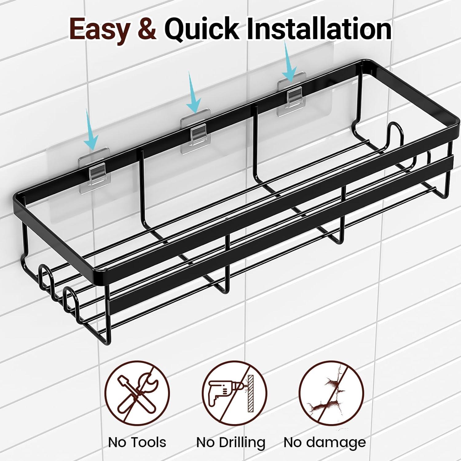 Black Metal Adhesive Shower Caddy with Hooks, 2 Pack