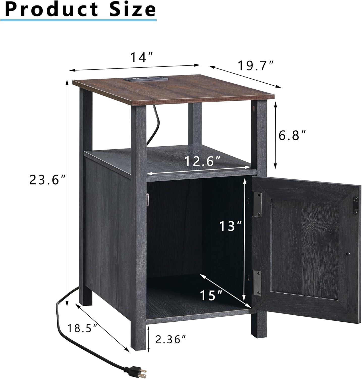 2 PCS Nightstand with Charging Station & Barn Door & Open Shelves，Farmhouse End Table for Bedroom, Living Room, Gray