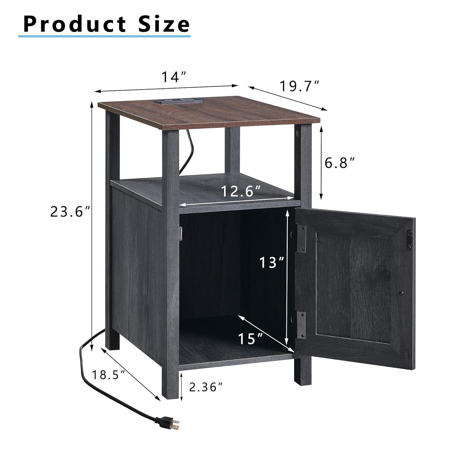 2 PCS Nightstand with Charging Station & Barn Door & Open Shelves，Farmhouse End Table for Bedroom, Living Room, Gray