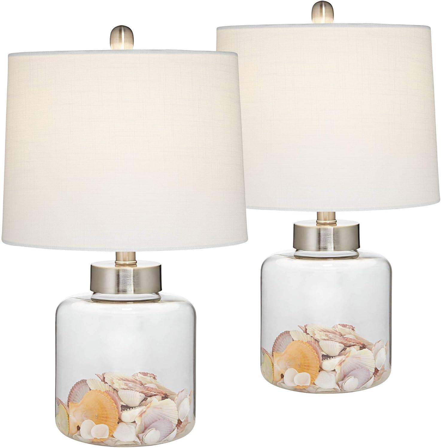 360 Lighting Coastal Accent Table Lamps 20.5" High Set of 2 Small Clear Glass Fillable Shells White Drum Shade for Living Room Family Bedroom