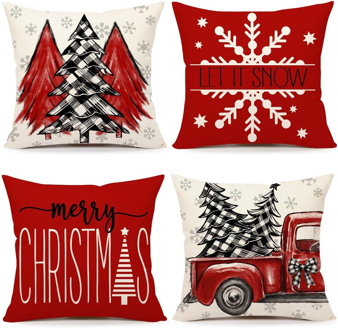 BEAUTY Merry Christmas Throw Pillow Covers 18 x 18 Inch Set of 4  Red Barn Merry & Bright Xmas Farmhouse Holiday Pillowcases for Home Outdoor Decoration CP053-18