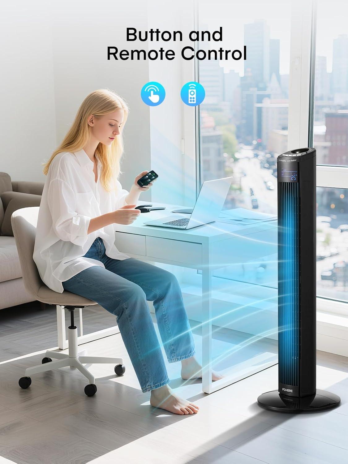 FOHERE Tower Fan, 36" Oscillating Tower Cooling Fan with Remote Control, 12-Hour Timer and Sleep Mode, Portable Stand up Floor Bladeless Fan (Black)